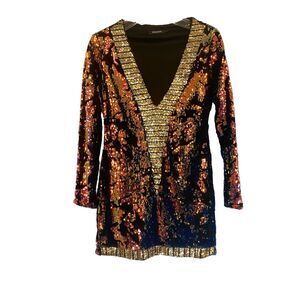 Atxyxta All Over Sequins Long Sleeve V Neck Mini Dress Sz M